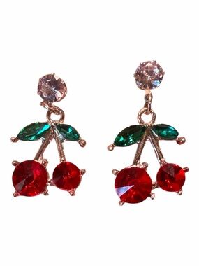 Crystal Cherry Drop Earrings in Red and Green - Women Jewelry